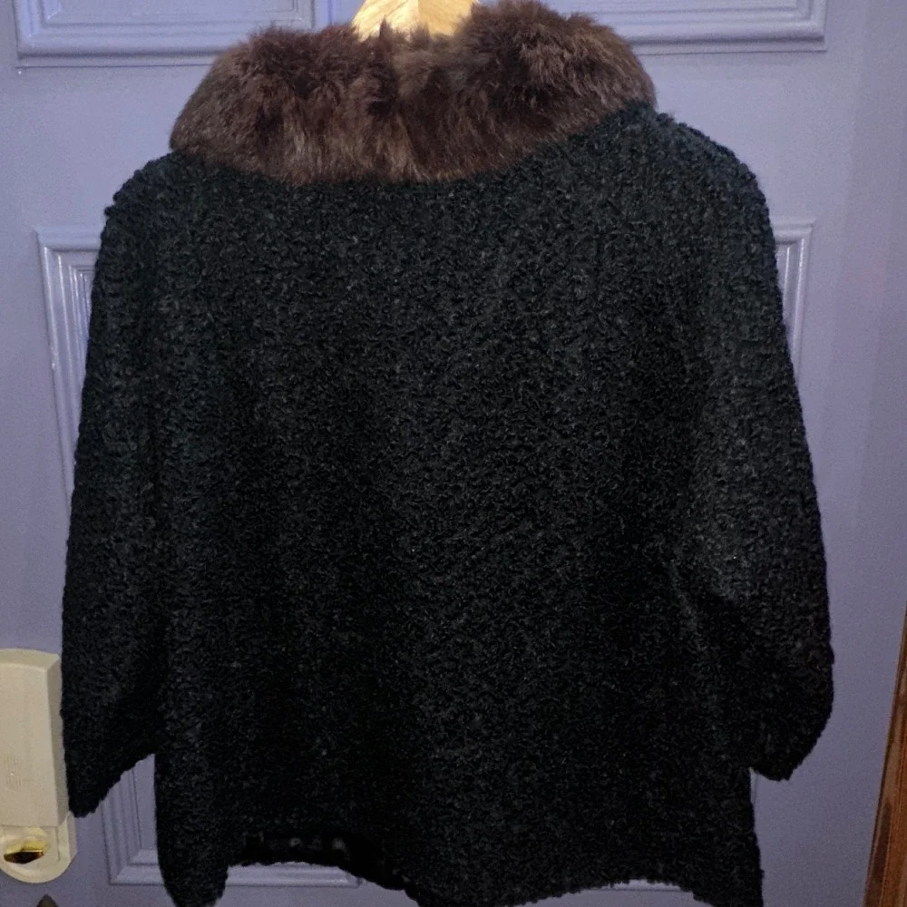 Vintage 50s Winter Persian Lambswool Coat Mink Fur Collar Black Swing Jacket L - Picture 4 of 5